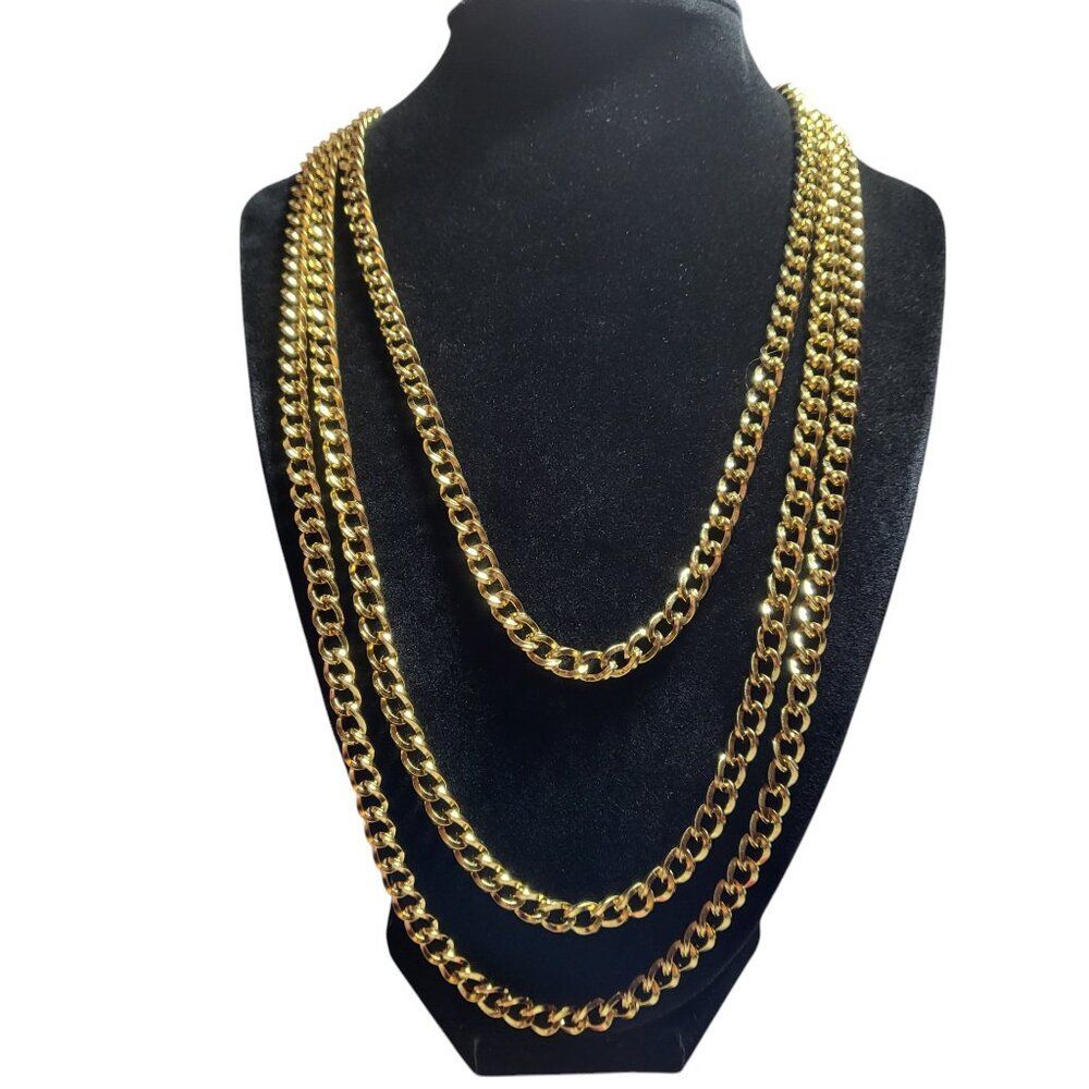 Multiple Strand Stainless Steel Goldtone Cuban Link Chain Necklace